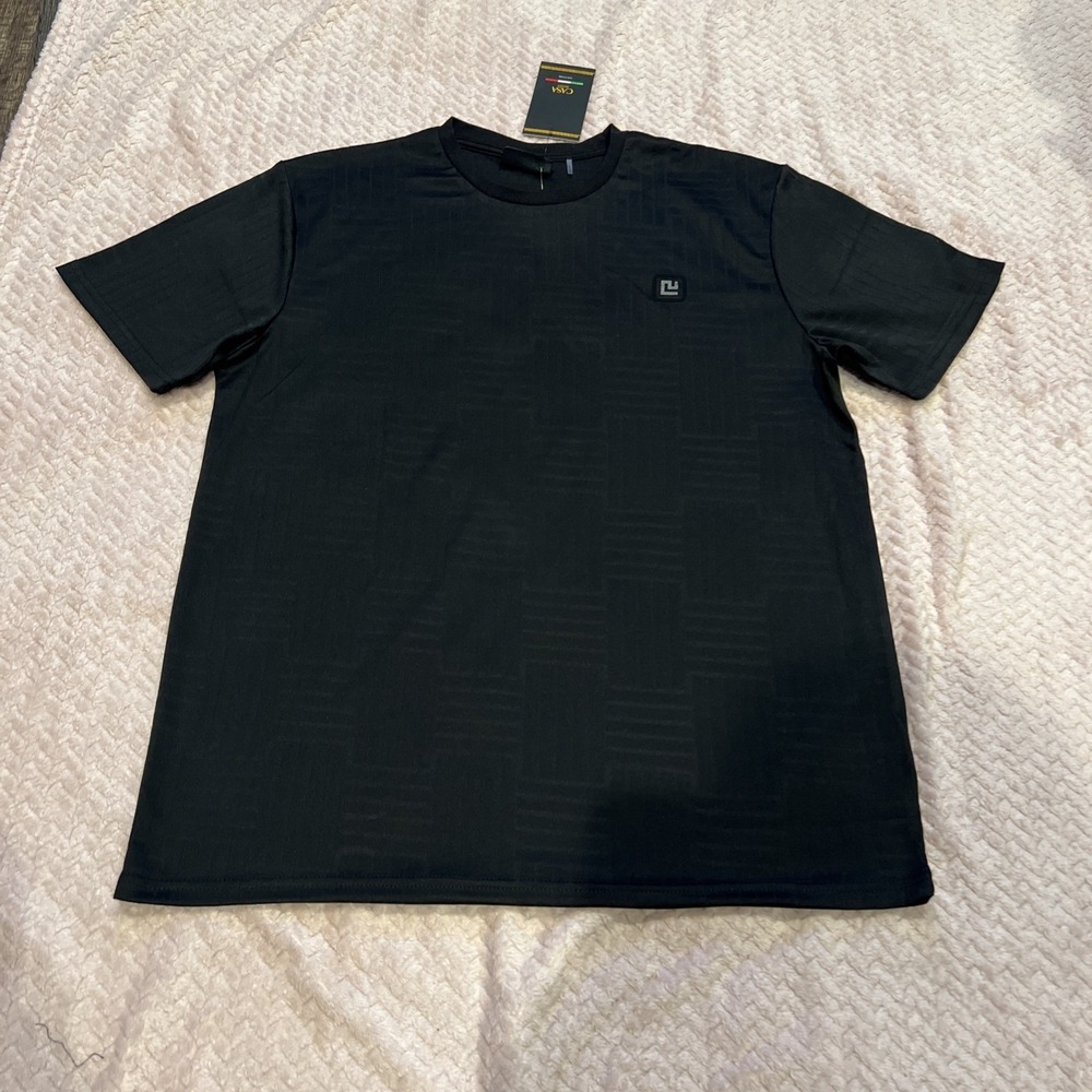 NWT Casa Moda Couture~LARGE~Men's SS Knit Tee Black Textured X Line Pattern